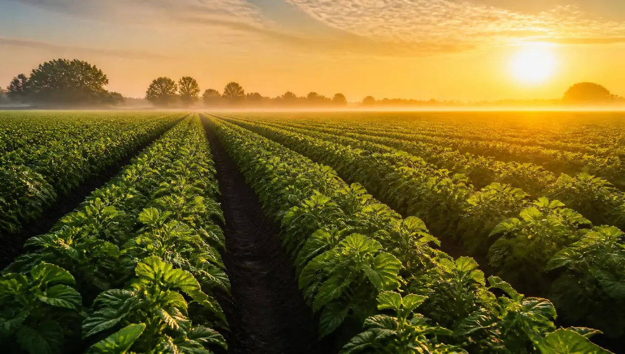 Campo de cultivo verde en hileras al amanecer con luz cálida